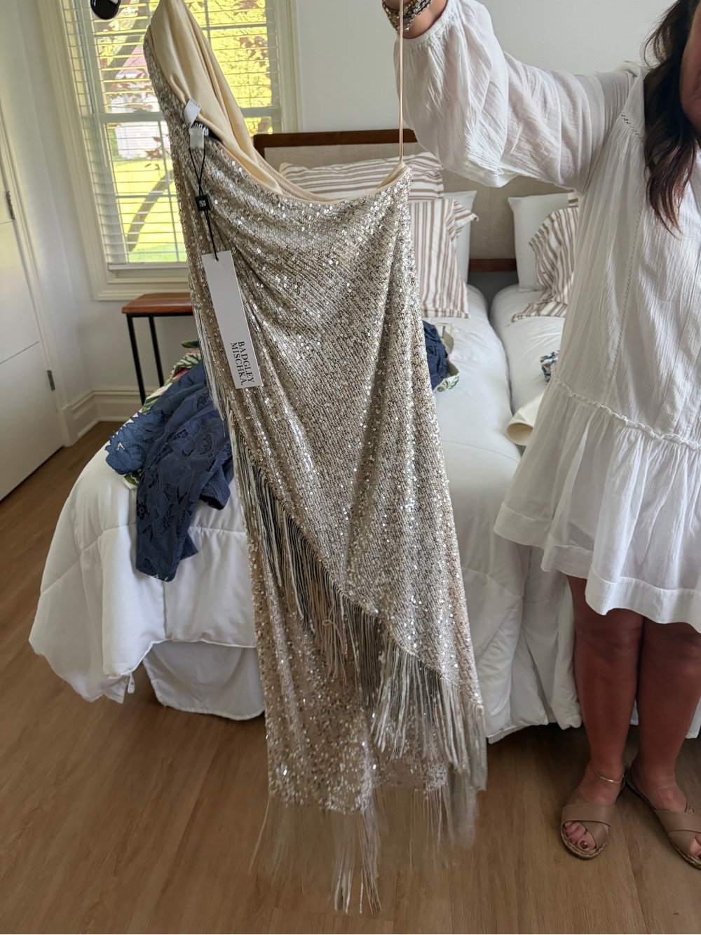 Badgley Mischka Ivory Sequin Evening Dress